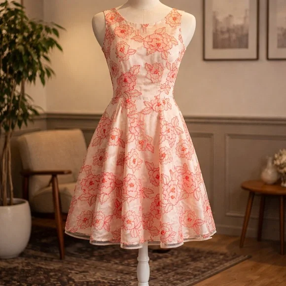 Tahari Ivory Dress with Coral Floral Lace - Picture 3 of 8
